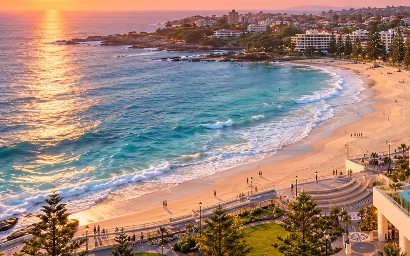 Golden light on the sand and turquoise waves at Coogee
