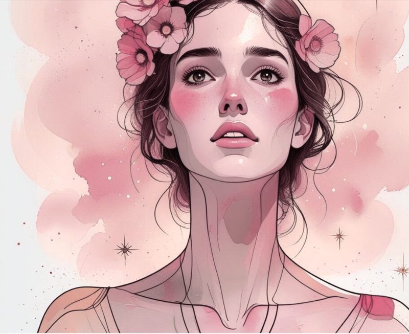 The first Messy Middle girl illustration, crowned with pink flowers
